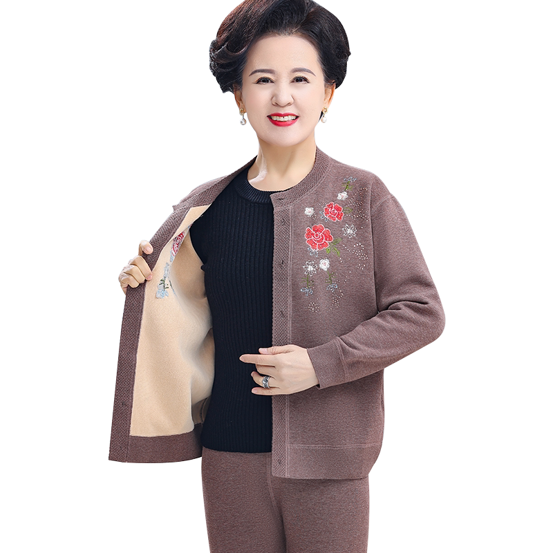 圆领中老年保暖女棉刺绣开衫