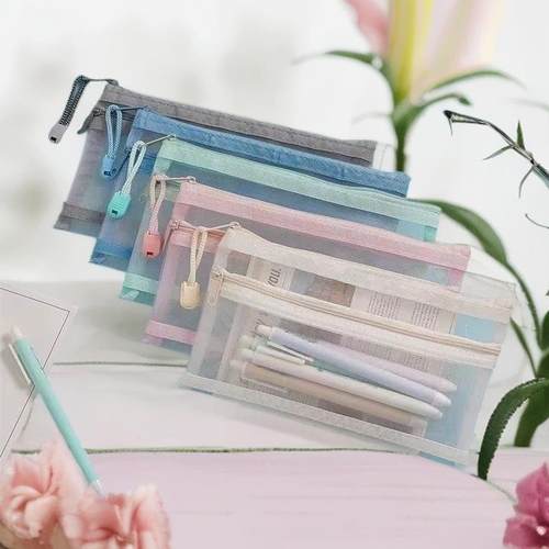 莫兰迪简约透明网纱笔袋收纳袋学生考试专用笔袋大容量文具盒双层