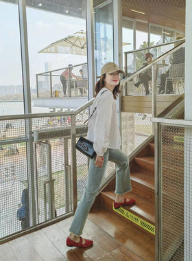 博主同款 65590毛须边微喇裤 高弹力9分裤浅蓝牛仔裤女