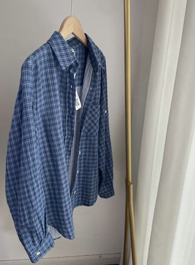 K51093日系文艺蓝色格子衬衫 纱布材质上衣女秋新款