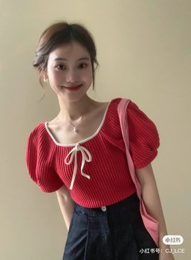 博主款 880821港风正红色小泡泡袖编织短袖针织衫 上衣女2024