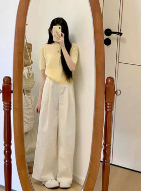 博主款 米白色F246014拖地阔腿直筒裤加QY2203鹅黄色短袖羊毛衫女