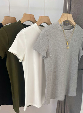 福利款 6608修身坑条小高领短袖T恤 打底衫女2023春夏新款