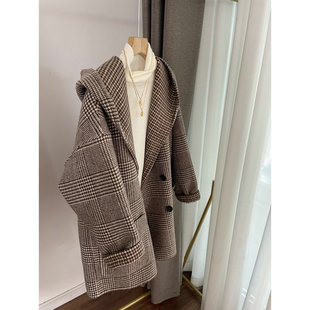 学院风 重磅威尔士亲王格连帽大衣 双面绒羊毛呢加厚外套女2022冬