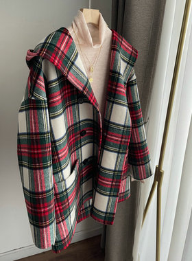 A223红绿格纹大帽子外套 羊毛呢双面绒连帽大衣女2022秋冬新款