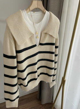B931韩式慵懒风宽松大版polo衫 翻领条纹针织衫 厚毛衣女2022秋冬