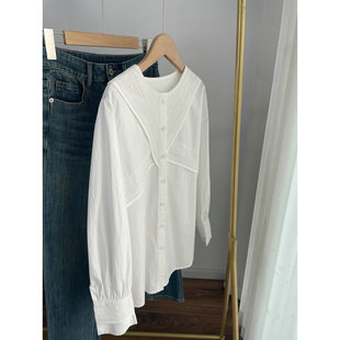 L9378蕾丝拼接宫廷风显瘦硬挺棉质衬衫 圆领衬衣女2024秋