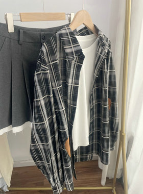 L96206黑白格纹拼接衬衫 宽松大版格子衫女2025春夏