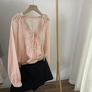 T4628显白苎麻花边木耳边V领系带小衫 衬衫 女2026春夏