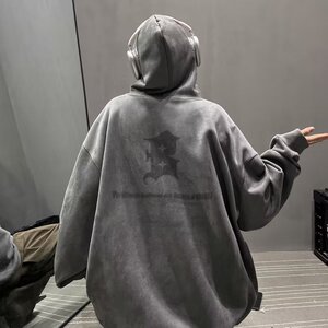 美式高街鹿皮绒卫衣男士春秋新款青少年宽松休闲印花灰色连帽外套