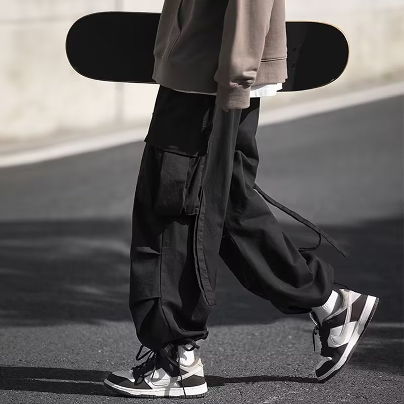 日系复古纯棉工装裤男春秋新款青少年宽松直筒黑色大码九分休闲裤