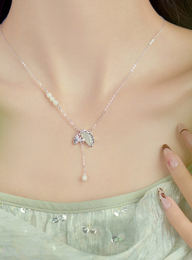 原创新中式s925纯银春色折扇项链女新款轻奢设计毛衣链颈链饰品