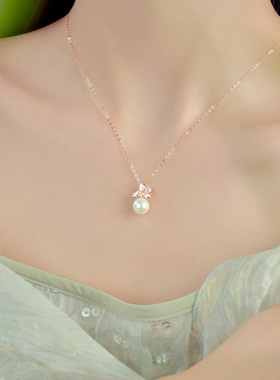 原创玉兰珠光s925纯银项链简约小众花朵珍珠项链轻奢高级锁骨链