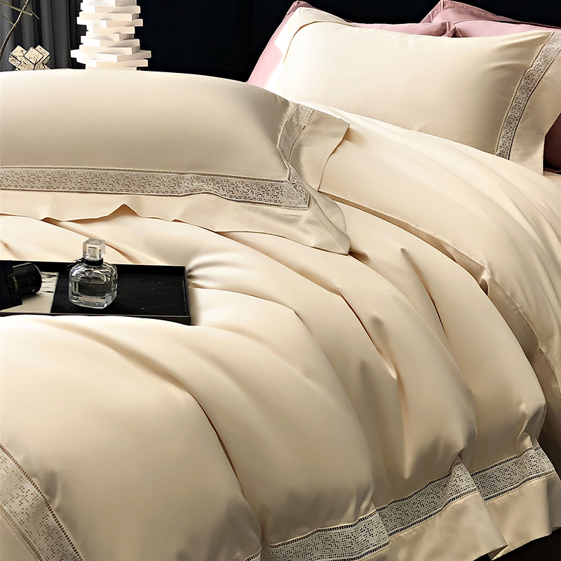 轻奢160支长绒棉纯色镂空四件套