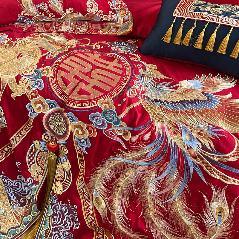 高端140支长绒棉刺绣四件套全棉婚庆龙凤结婚大红色被套新婚床品