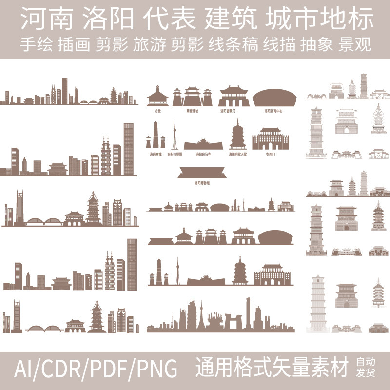 洛阳河南建筑城市地标天际线条描稿剪影旅游插画景观手绘设计素材,商务/设计服务,设计素材/源文件,淘宝优惠券,粉丝福利购,淘宝优惠卷