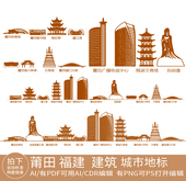 莆田福建地标志建筑手绘插画天际线条描稿旅游景点剪影城市素材