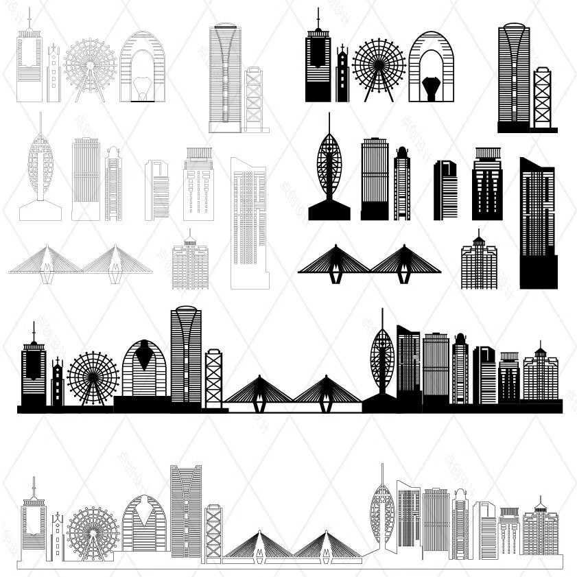 海口海南建筑标志天际线条描稿剪影城市地标插画设计景点手绘素材