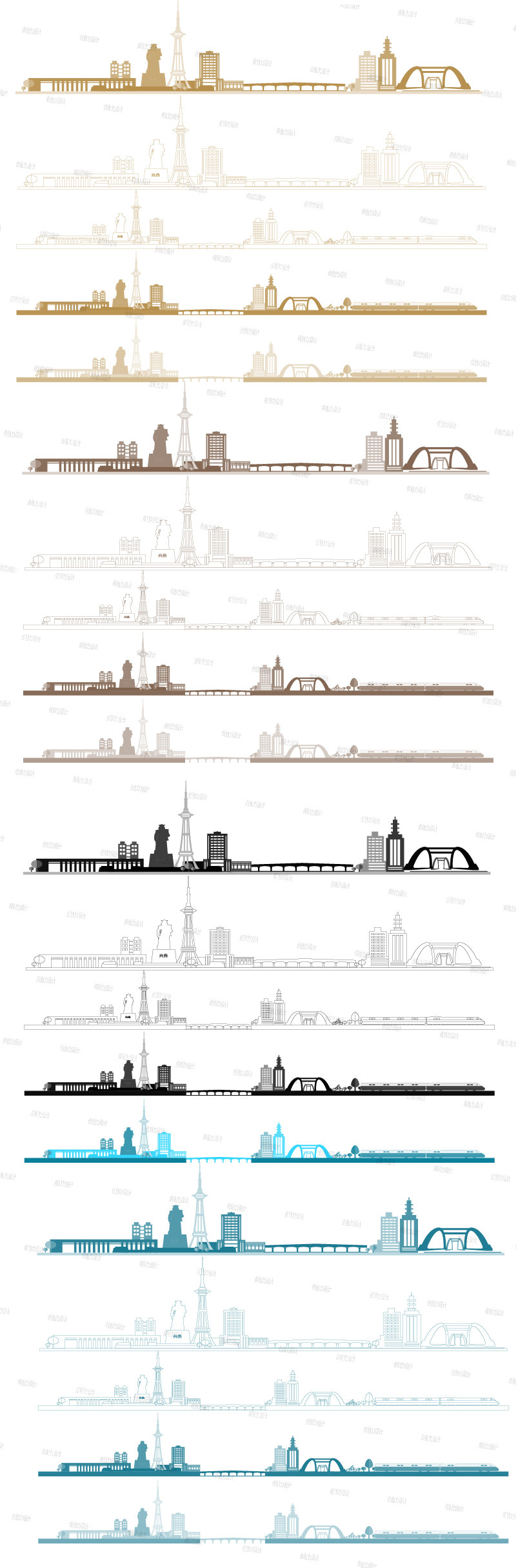 株洲湖南建筑城市旅游景点剪影插画手绘天际地标线条描稿设计素材
