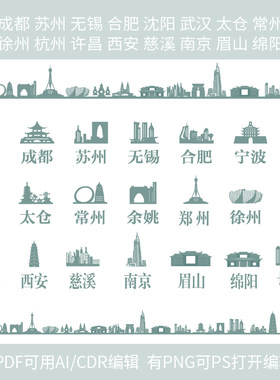 郑州余姚许昌慈溪杭州眉山绵阳徐州长沙地标建筑城市地图标素材