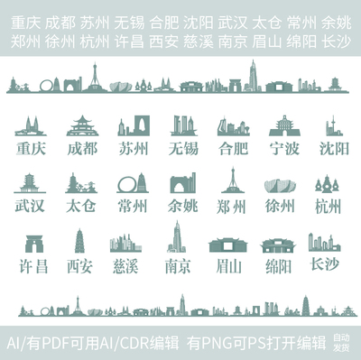 郑州余姚许昌慈溪杭州眉山绵阳徐州长沙地标建筑城市地图标素材