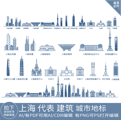 上海建筑天际线条描稿城市地标志插画手绘景点旅游设计剪影素材