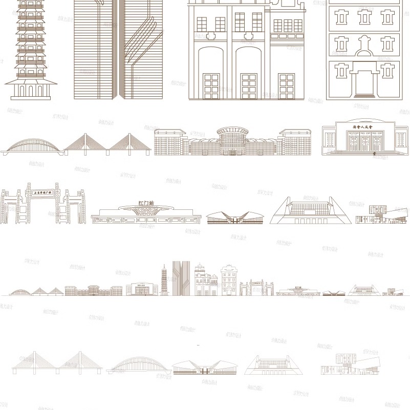 江门广东建筑剪影插画城市手绘旅游天际地标设计线条描稿景点素材
