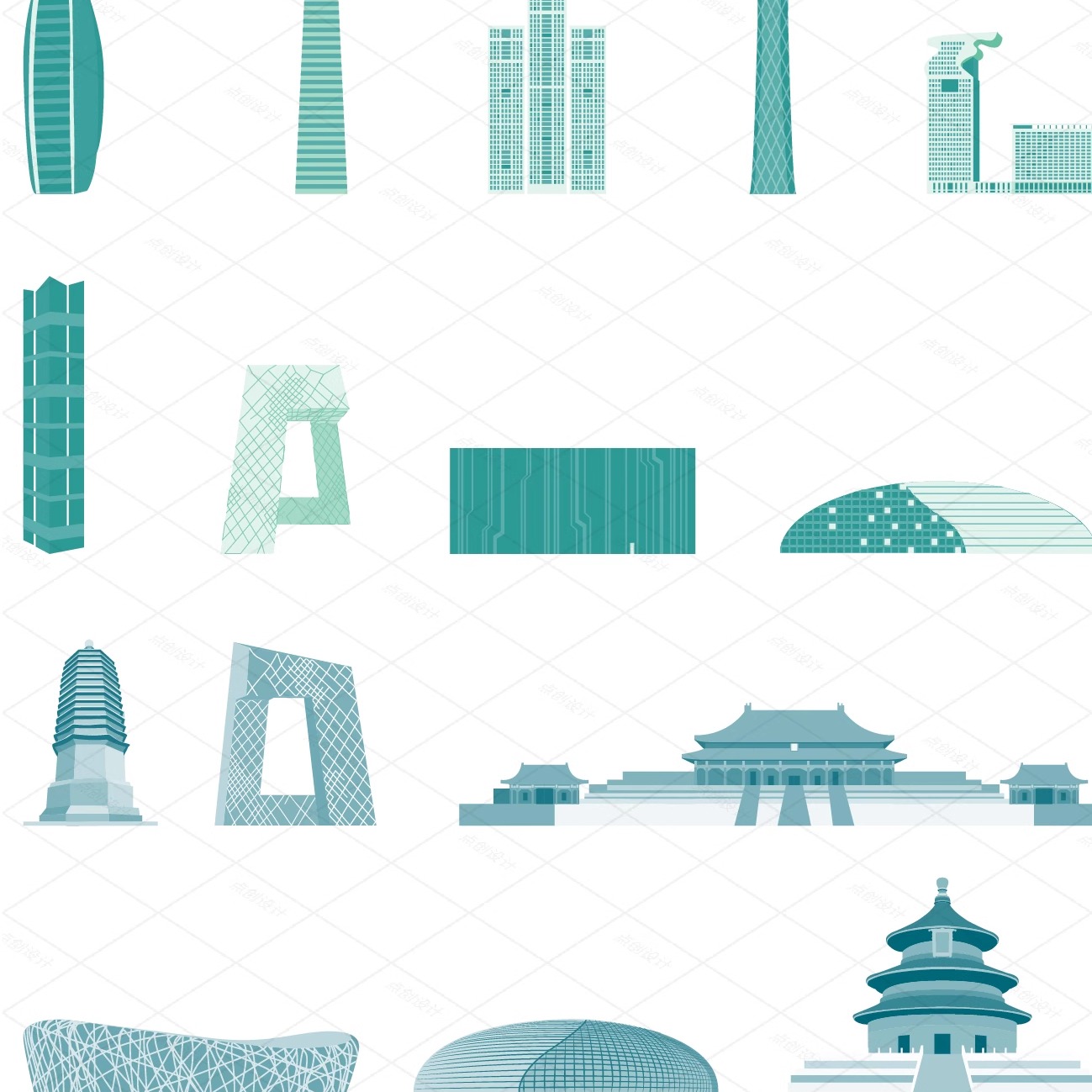 北京代表手绘建筑城市旅游景点插画剪影天际地标线条描稿设计素材