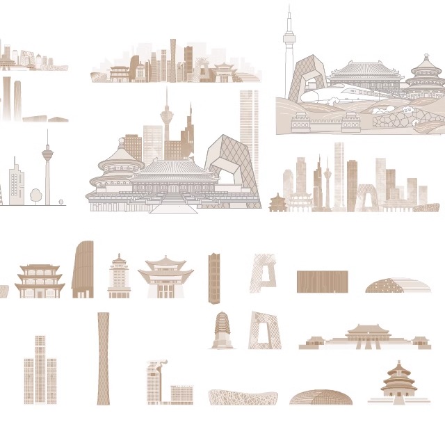 北京代表旅游设计城市手绘景点建筑插画剪影天际地标线条描稿素材