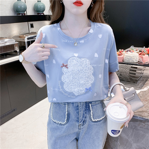 RM7248#纯棉短袖t恤女夏季女装2023年新品印花刺绣宽松半袖慵懒风衣