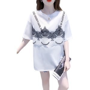 PS35663# 夏季新款韩版休闲时尚百搭拼接蕾丝女短袖印花宽松T 服装批发女装直播货源