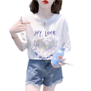 PS29229# 韩版涂鸦爱心字母白色白色小众设计感宽松大码短袖T恤女 服装批发女装直播货源