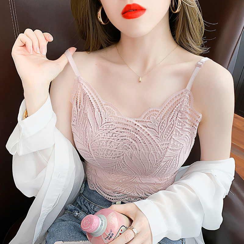 实拍2021美背蕾丝性感小吊带背心女内搭带胸垫外穿锁骨上衣女