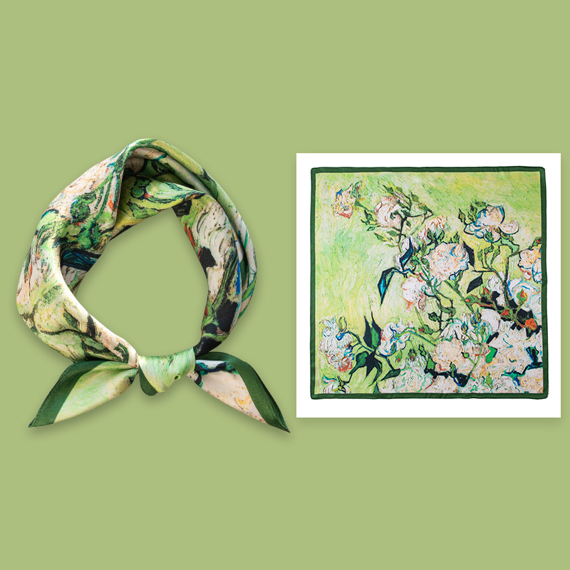 53cm桑蚕丝真丝小方巾油画荆棘玫瑰丝巾女感时尚领巾围巾女士