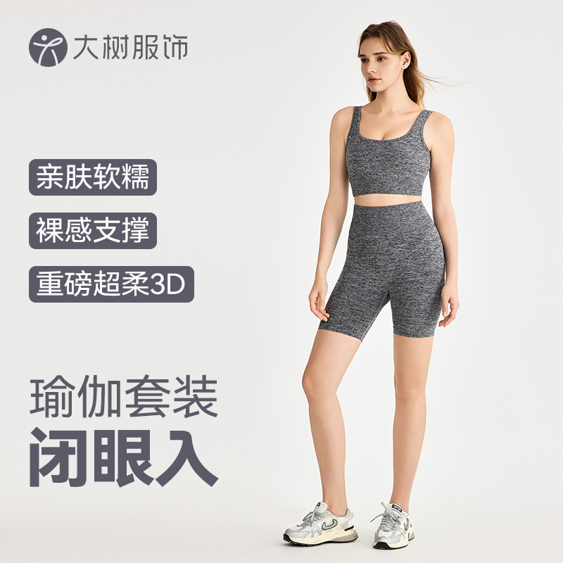 无缝一体织运动套装女夏健身训练运动内衣紧身高腰提臀短裤两件套