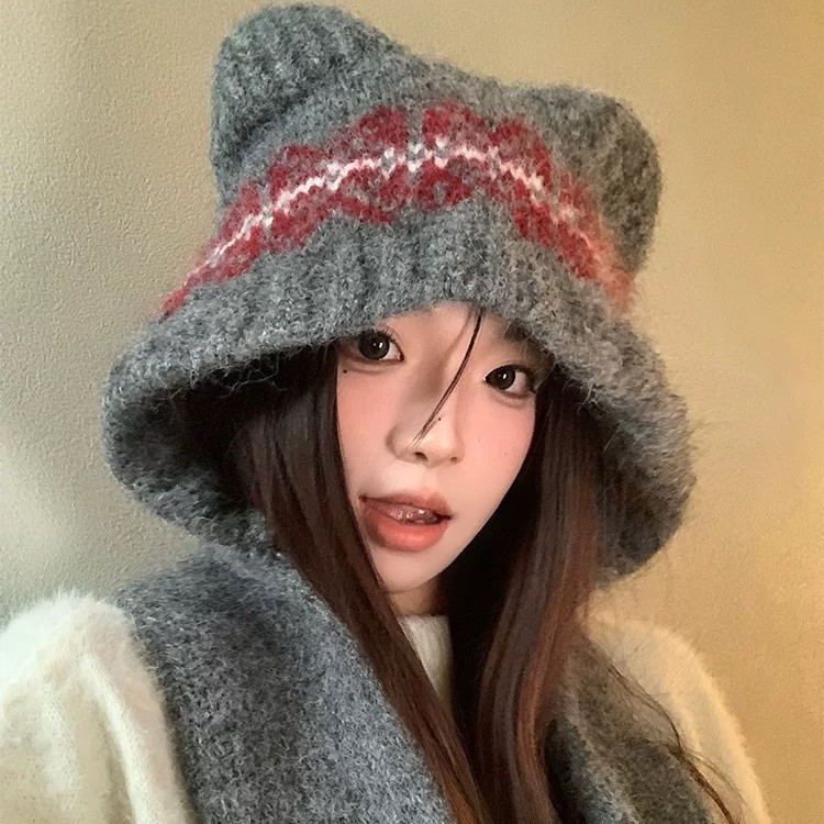 可爱羊毛混纺小熊帽子女秋冬美拉德显脸小保暖护耳围巾一体毛线帽