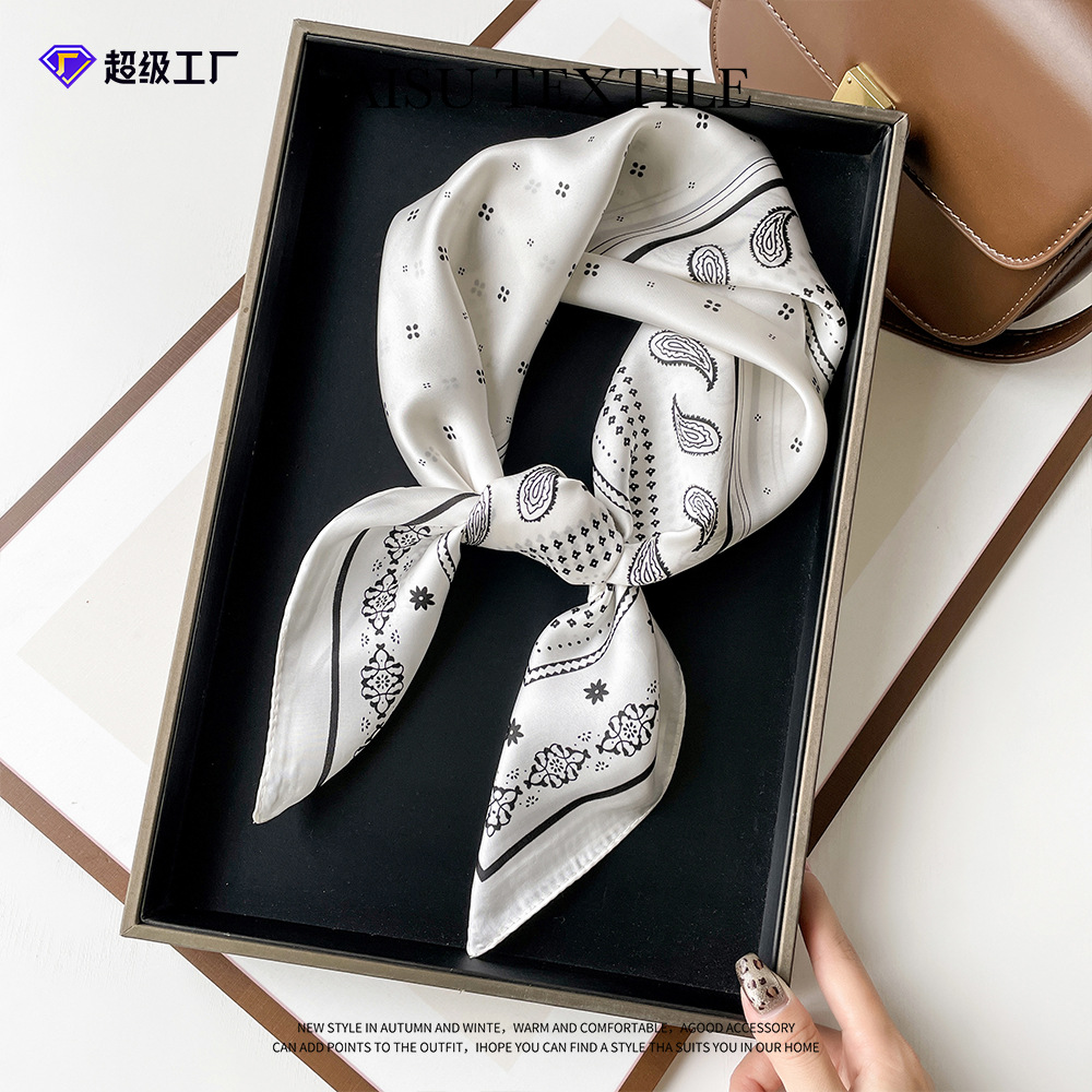 跨境春季新款感丝巾女白色腰果印花围巾小方巾搭配头巾