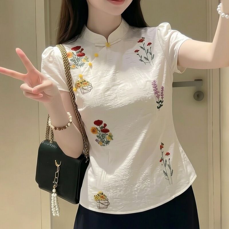 新中式立领显瘦花卉短袖衬衫女