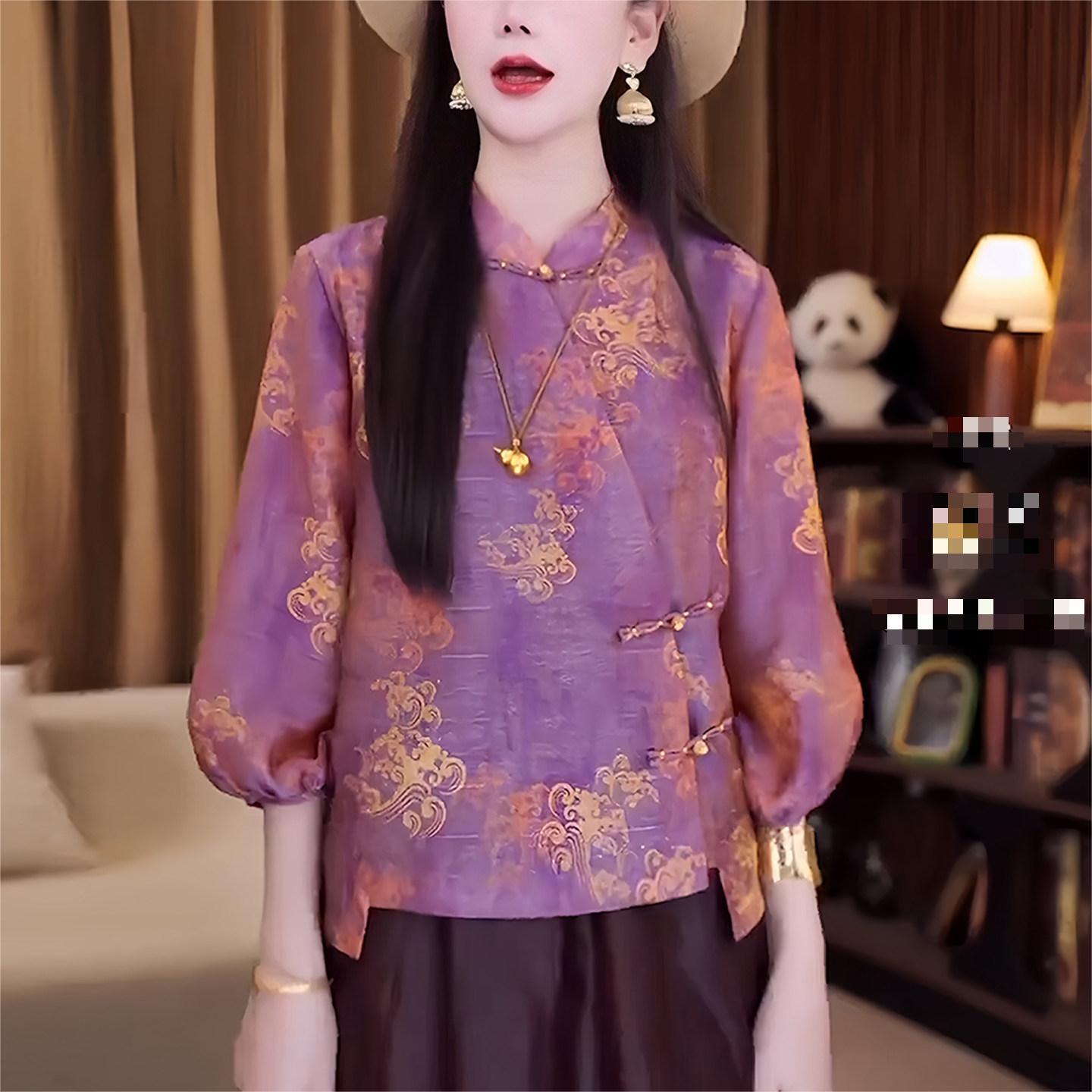 新中式盘扣紫色印花衬衫女秋款