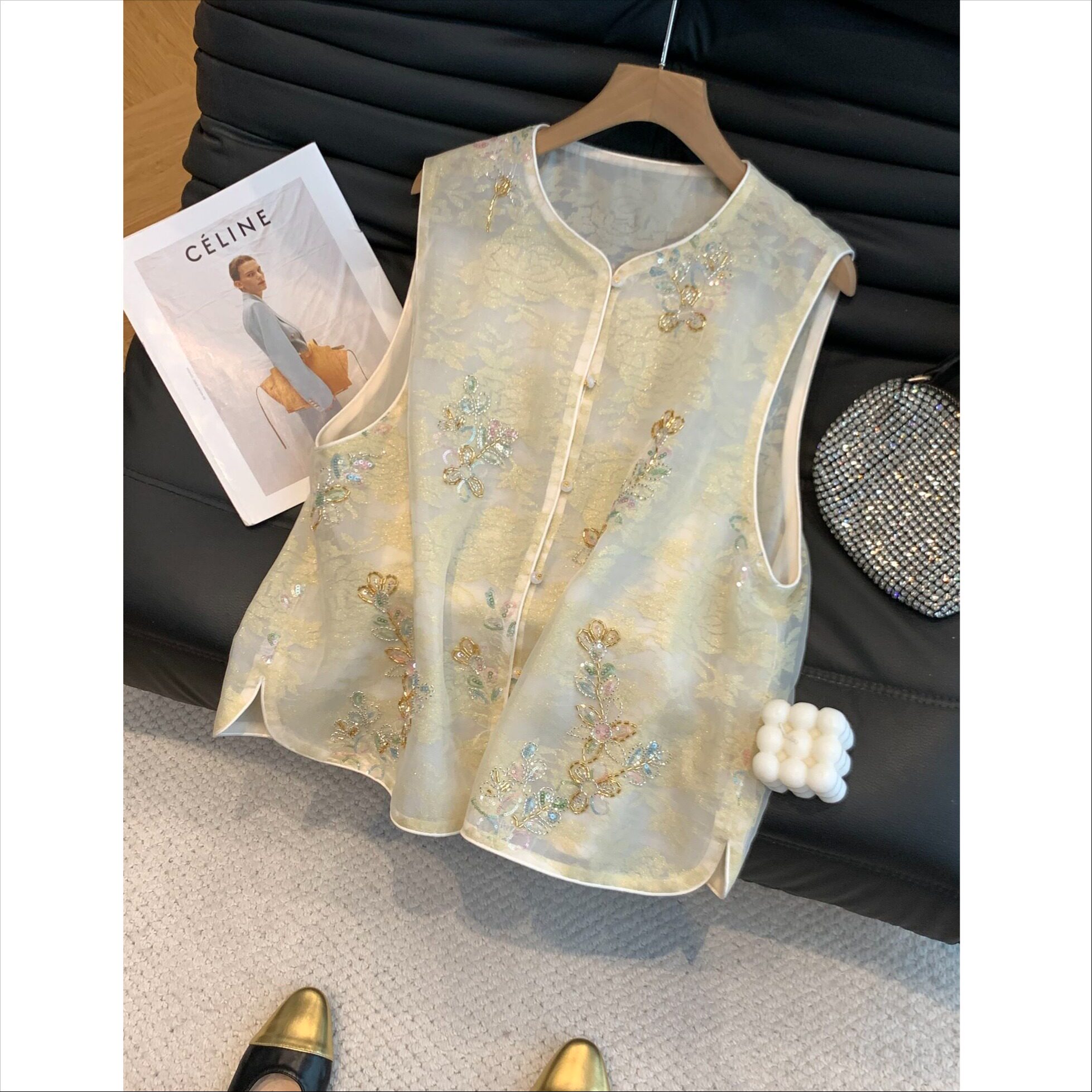 新中式秋薄欧根纱圆领马甲女