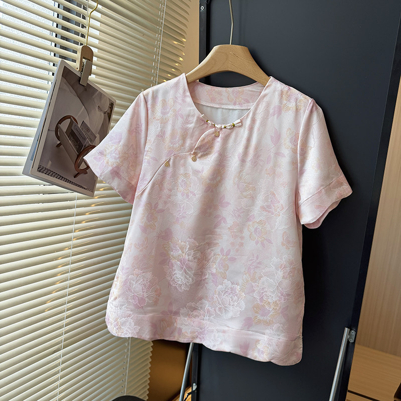 新中式粉色立领印花短袖女衬衫