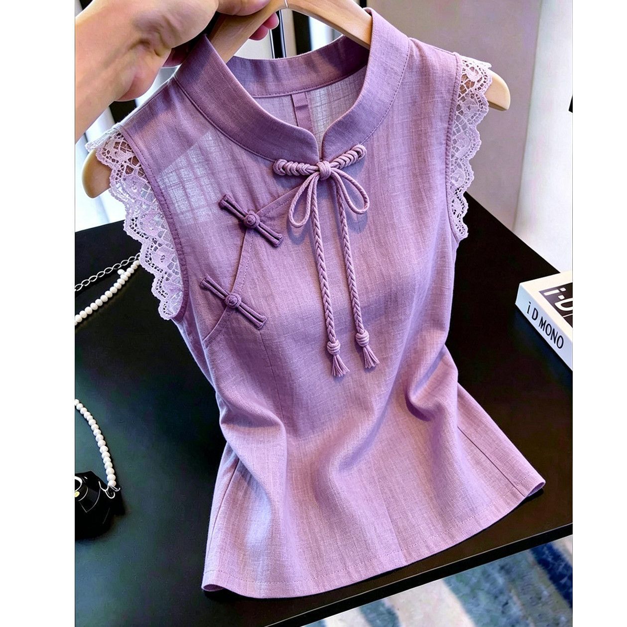 新中式盘扣蕾丝飞袖显瘦衬衫女