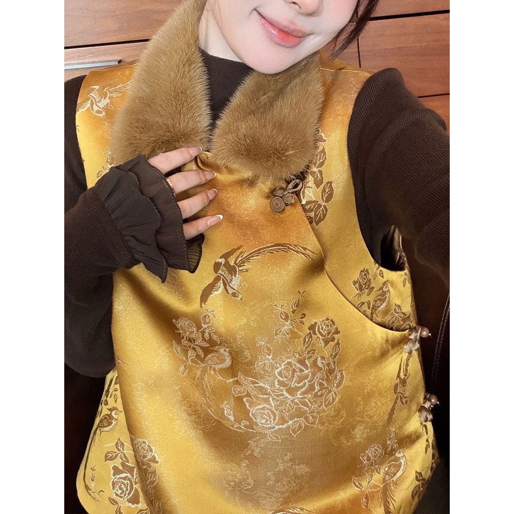 新中式提花夹棉加厚保暖马甲女