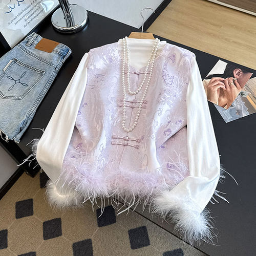 新中式国风夹棉马甲盘扣鸵鸟毛马夹秋冬季新款提花坎肩背心女款