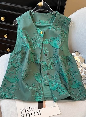 新中式绿色马甲女2025春夏新款国风复古气质别致百搭圆领马夹背心