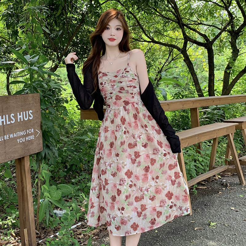 夏装胖妹妹大码女设计小众薄款针织衫吊带印花连衣裙套装