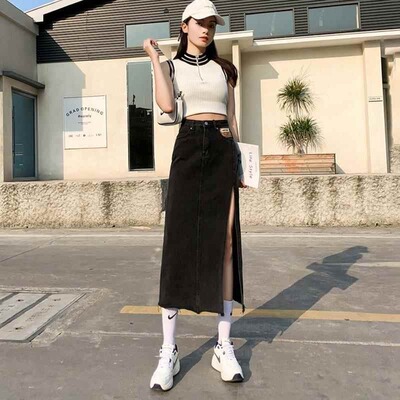 牛仔半身裙女中长款2025新款夏季网红过膝显瘦开叉包臀裙高腰裙子