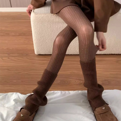 打底袜美拉德咖色连裤袜女春秋薄款辣妹微透竖纹亮丝1009k
