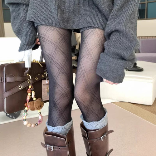 打底袜黑色菱形格子丝袜女春秋高透黑丝打底连裤袜1009k