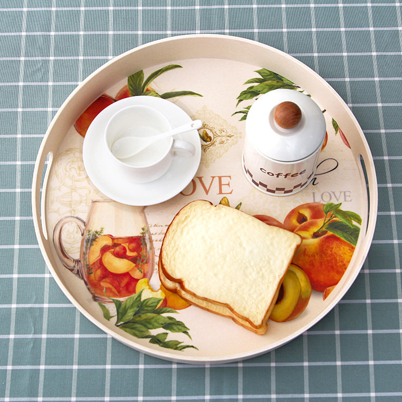 新运隆 欧式圆形竹粉托盘茶盘水杯盘托盘创意客厅水果盘家用餐盘